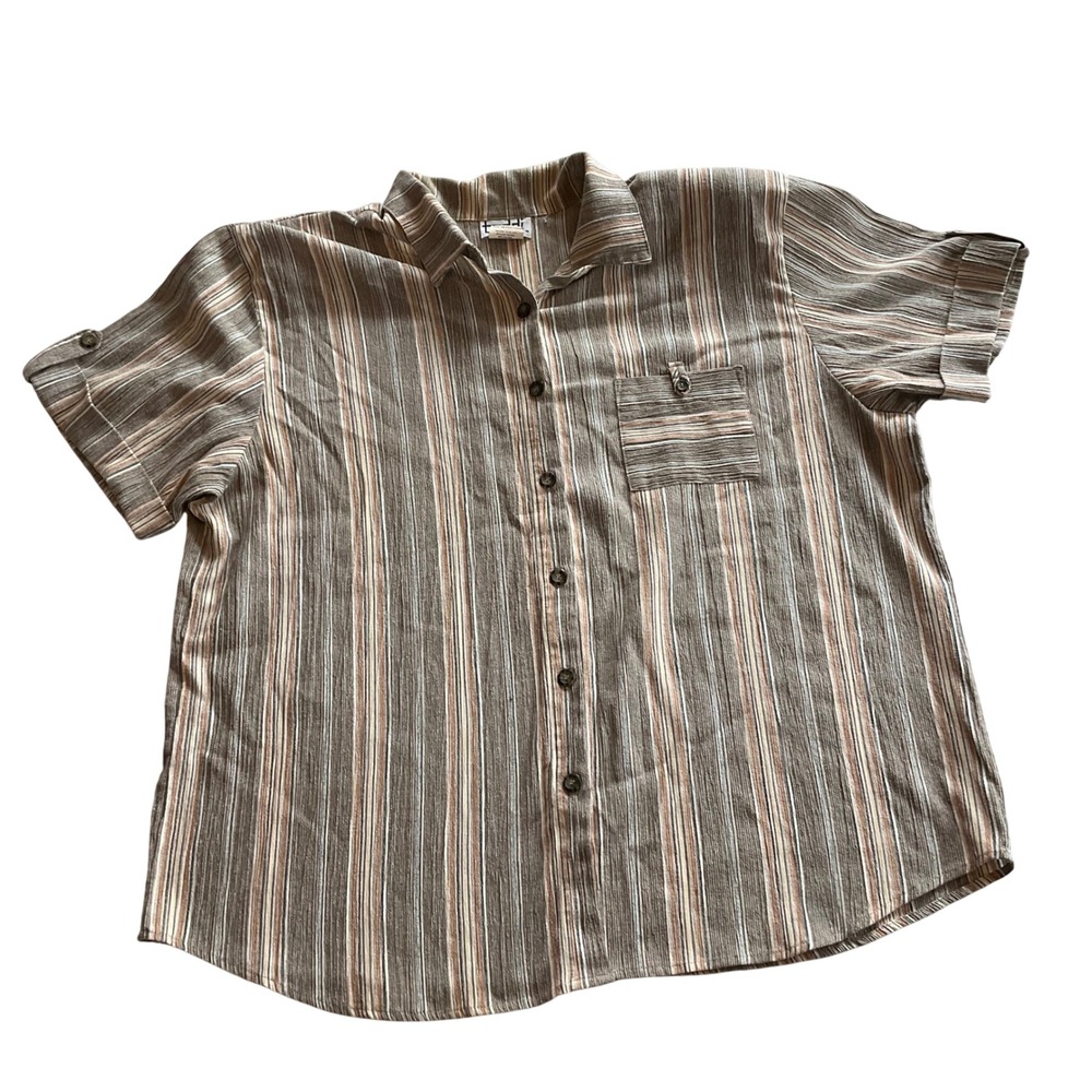 Teddi Button Up Shirt Womens 2X Brown Striped Short Sleeve Cotton Blend Vintage